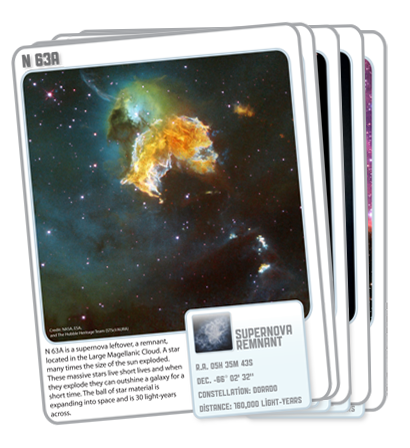 Hubble Star Cards provide teachers and students a fun and exciting way to explore the universe using imagery from the orbiting telescope. The images on the cards motivate and engage students to read while developing strategies in learning about objects in space.
The cards won a Hubble Gold Star award from NASA and IGES for innovative use of Hubble imagery in informal science education as well as an Independent Book Publishing Award (IPPY) in children's interactive.
Game cards include 60 cards divided into general sections of planets, planetary nebulae, supernova remnants, nebulae, star clusters and galaxies. The cards include an image, a basic description, a key to the type of object, location in the sky, constellation, and distance from Earth.