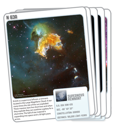 Hubble Star Cards Hubble Star Cards provide teachers and students a fun and exciting way to explore the universe using imagery from the orbiting telescope. The images on the cards motivate and engage students to read while developing strategies in learning about objects in space.
The cards won a Hubble Gold Star award from NASA and IGES for innovative use of Hubble imagery in informal science education as well as an Independent Book Publishing Award (IPPY) in children's interactive.
Game cards include 60 cards divided into general sections of planets, planetary nebulae, supernova remnants, nebulae, star clusters and galaxies. The cards include an image, a basic description, a key to the type of object, location in the sky, constellation, and distance from Earth.